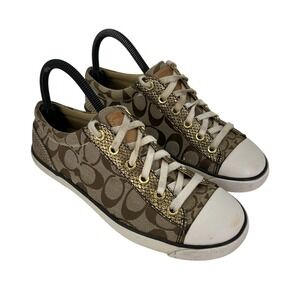 Coach Shoes Womens Size 7.5B Gema F0007 Gold Signature Canvas‎ Lace Up Sneakers